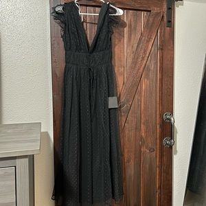 Lulu’s Yours Evermore Black Swiss Dot Ruffled Midi Dress, Size XS